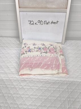 Vintage 1980s Romantic Pink Rose & Ribbon Twin Flat Sheet